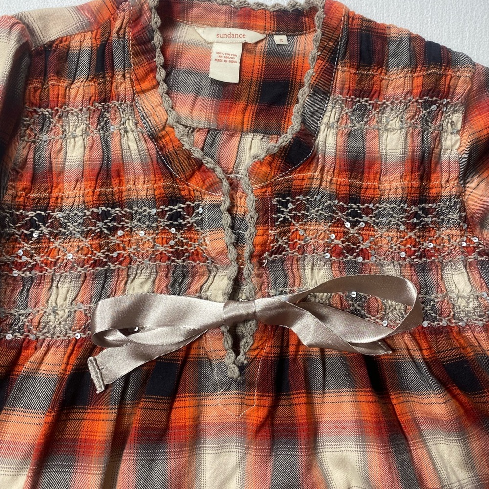 Sundance Orange Black Cream Plaid Peasant Top - Picture 3 of 8